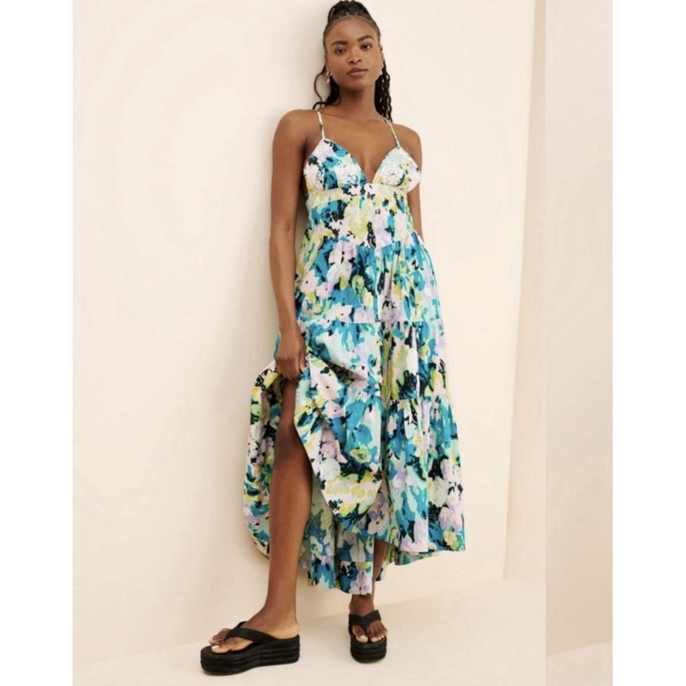 Free People Long Love Triangle Printed Embroidered Midi Dress L